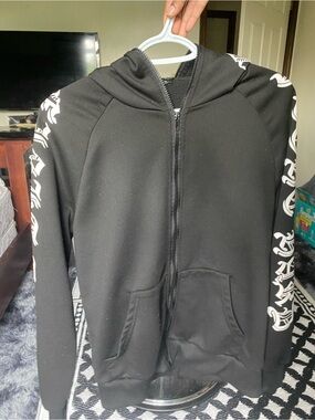 Black Zip-Up Hoodie with White Sleeve Script